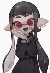  1girl :d artist_name bandaged_arm bandages bandaid bandaid_on_cheek bandaid_on_face bangs black_hair black_sailor_collar black_shirt black_skirt black_tongue blunt_bangs blush colored_tongue commentary_request fang hands_up highres inkling inkling_girl long_hair long_sleeves looking_at_viewer mikoshiba_m neckerchief open_mouth own_hands_together pleated_skirt pointy_ears red_eyes red_neckerchief sailor_collar school_uniform serafuku shirt short_eyebrows sidelocks simple_background skirt smile solo splatoon_(series) standing tentacle_hair thick_eyebrows twitter_username white_background 