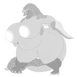  1:1 absurd_res anthro areola bazelgeuse big_areola big_breasts breasts capcom female flying_wyvern genitals greyscale hand_on_hip hi_res huge_breasts huge_hips hyper hyper_breasts monochrome monster_hunter myriadmood nude obese obese_anthro obese_female open_mouth overweight overweight_anthro overweight_female pussy scalie sharp_teeth solo standing tail teeth thick_tail thick_thighs 