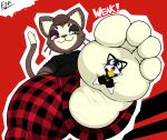  ahegao anthro atlus belt black_clothing black_shirt black_topwear clothing domestic_cat dominant electricsnowfox erection feet felid feline felis foot_fetish foot_focus heterochromia hi_res kralex looking_pleasured looming macro male male/male mammal megami_tensei megami_tensei_persona micro morgana_(persona) paws plaid scarf shirt size_difference smothering smug step_pose thick_thighs toes topwear 