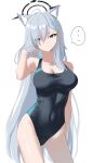  ... 1girl absurdres animal_ears blue_archive blue_eyes breasts competition_swimsuit covered_navel grey_hair hair_ornament halo highres large_breasts long_hair looking_at_viewer mismatched_pupils oka_yuto one-piece_swimsuit shiroko_(blue_archive) shiroko_(swimsuit)_(blue_archive) simple_background solo swimsuit wolf_ears 