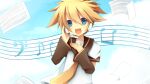  1boy blonde_hair blue_eyes blue_sky brown_serafuku headphones high_ponytail highres kagamine_len male_focus meranoreuka_(naokentak) messy_hair music musical_note necktie open_mouth school_uniform serafuku sheet_music short_hair short_ponytail singing sky sky_background smile throat_microphone vocaloid yellow_necktie 