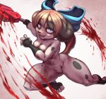  accessory anthro blood bodily_fluids bow_(feature) bow_accessory bow_ribbon breasts butt_from_the_front canid canine centered_hair_bow female genitals hair_accessory hair_bow hair_ribbon hi_res hitmanatee holding_melee_weapon mammal mostly_nude pussy ribbons solo 