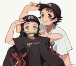  1boy 1girl alternate_costume bamboo bit_gag black_hair black_headwear black_pants black_shirt brother_and_sister closed_mouth dalc_rose gag hat kamado_nezuko kamado_tanjirou kimetsu_no_yaiba multicolored_hair orange_hair pants pink_eyes red_eyes red_hair shirt short_sleeves siblings smile t-shirt twitter_username white_shirt 