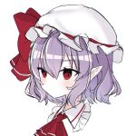  1girl ascot bangs blush chromatic_aberration closed_mouth collar commentary_request frilled_collar frills hair_between_eyes hat hat_ribbon highres light_purple_hair mob_cap pointy_ears portrait red_ascot red_eyes red_ribbon remilia_scarlet ribbon short_hair simple_background solo touhou una_(una_39) white_background white_headwear 