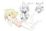  &gt;_&lt; 1girl ahoge anger_vein angry ass bare_shoulders black_eyes blonde_hair blush camisole crying drooling full_body half-closed_eyes kokaki_mumose legs_up lineart looking_at_viewer looking_back lying multiple_views no_pants null-meta on_stomach panties partially_colored pink_camisole pout ribbon school_uniform serafuku short_hair simple_background sketch streaming_tears tearing_up tears underwear uozumi_kurumi v-shaped_eyebrows white_background white_panties 