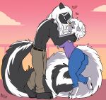  &lt;3 anthro black_body black_fur black_pawpads breasts clothed clothing duo entwined_tails eye_contact female fluffy fluffy_tail fuf fur grey_body grey_fur hair hi_res looking_at_another male mammal mephitid orange_eyes pawpads purple_eyes skunk tail tail_coil topless white_hair 