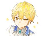  1boy bangs blonde_hair closed_mouth collared_shirt commentary_request hair_between_eyes hane_k2 highres male_focus orange_eyes project_sekai shirt short_hair solo star_(symbol) tenma_tsukasa white_background 