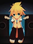  1boy angel_wings hands_on_own_cheeks hands_on_own_face headphones highres kagamine_len knees_together_feet_apart leg_warmers looking_at_viewer male_focus meranoreuka_(naokentak) mini_wings night night_sky shirt sitting sky speaker symmetry vocaloid white_footwear white_shirt wings 