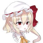  1girl ascot bangs blonde_hair chromatic_aberration fangs flandre_scarlet frilled_shirt_collar frills hair_between_eyes hat hat_ribbon highres mob_cap open_mouth pointy_ears portrait red_eyes red_ribbon ribbon side_ponytail simple_background smile solo touhou una_(una_39) white_background yellow_ascot 