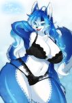  ahoge anthro big_breasts blue_body blue_eyes blue_fur blue_hair bra breasts canid canine chest_tuft cleavage clothed clothing english_text female fox fur gradient_hair hair hand_behind_head hi_res holding_hair kemono lace lace_bra lace_markings lace_panties lemoco lingerie mammal open_mouth open_smile panties saphayla_(zelianda) smile solo sparkle_(marking) text thick_thighs touching_hair tuft underwear white_body white_fur 