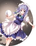  1girl apron bangs between_fingers blue_dress bow braid commentary_request dress dutch_angle feet_out_of_frame full_moon green_bow grey_eyes grey_hair hair_bow holding izayoi_sakuya knife looking_at_viewer maid maid_apron maid_headdress medium_hair momozakura_nanao moon open_mouth puffy_short_sleeves puffy_sleeves short_sleeves solo throwing_knife touhou twin_braids v-shaped_eyebrows waist_apron waist_bow weapon white_apron white_bow 