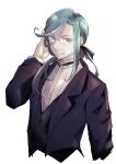  1boy absurdres aqua_hair black_suit formal glasses hair_ribbon hand_up highres long_hair otome_game_no_hametsu_flag_shika_nai_akuyaku_reijou_ni_tensei_shite_shimatta ribbon smile sora_smith suit upper_body vest white_background you-guy 