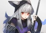  1girl andou_yuna animal_ears arknights bangs behind-the-head_headphones black_headwear black_nails ears_through_headwear fang fox_ears frostleaf_(arknights) frostleaf_(break_the_ice)_(arknights) grey_background grey_hair hat headphones highres holding jewelry long_hair long_sleeves looking_at_viewer multiple_rings nail_polish official_alternate_costume open_mouth red_eyes ring simple_background solo twitter_username upper_body 