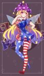  1girl absurdres american_flag_dress american_flag_legwear arm_behind_back bangs black_background blonde_hair breasts character_name closed_mouth clownpiece commentary dress fairy_wings full_body highres long_hair looking_at_viewer pink_eyes polka_dot_headwear purple_headwear short_sleeves smile star_(symbol) star_print striped striped_dress touhou transparent_wings wings zi13591 