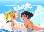  2girls adjusting_goggles ahoge alternate_costume artist_name ass bangs bikini blonde_hair blue_sky breasts brown_eyes cloud contrail copyright_name feet_out_of_frame folded_ponytail frilled_bikini frills goggles goggles_on_head hair_between_eyes hair_up highres innertube kokaki_mumose large_breasts looking_at_viewer looking_back multiple_girls null-meta ocean one_eye_closed open_mouth partially_submerged red-framed_eyewear short_hair sky smile souen_chiaki sunlight swimsuit uozumi_kurumi water yellow_bikini yellow_eyes 