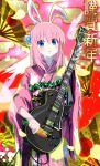  1girl :o absurdres animal_ears animal_print bangs blue_eyes blush bocchi_the_rock! bunny_print carrot commentary_request cube_hair_ornament egasumi electric_guitar fake_animal_ears fan_print folding_fan food furisode gotou_hitori guitar hair_ornament hand_fan happy_new_year highres holding holding_food holding_instrument holding_vegetable instrument japanese_clothes kimono long_hair long_sleeves looking_at_viewer mount_fuji nengajou new_year open_mouth pink_hair pink_kimono print_kimono rabbit_ears sengoku_chidori solo standing translated vegetable wide_sleeves 