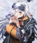  1girl animal_ears arknights aurora_(arknights) aurora_(polar_catcher)_(arknights) bear_ears black_coat blue_eyes breast_strap breasts breath buckle coat goggles goggles_on_head hands_up highres jacket large_breasts long_hair looking_at_viewer milluun open_clothes open_coat open_mouth orange_jacket reflection ski_goggles snow solo strap sunlight surprised upper_body very_long_hair white_hair 