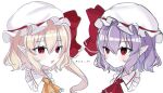  2girls ascot bangs blonde_hair chromatic_aberration commentary_request flandre_scarlet frilled_shirt_collar frills hair_between_eyes hat hat_ribbon mob_cap multiple_girls open_mouth red_eyes red_ribbon remilia_scarlet ribbon side_ponytail simple_background smile touhou una_(una_39) white_background yellow_ascot 