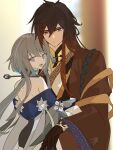 1boy 1girl :| backless_outfit bangs bare_shoulders black_hair blurry blurry_background brown_hair chinese_clothes chinese_hairpin closed_mouth couple face-to-face gradient_hair grey_eyes grey_hair guizhong_(genshin_impact) hair_between_eyes hanfu highres hug long_hair looking_at_viewer multicolored_hair open_mouth ponytail s3dl6e5 sidelocks teeth upper_teeth_only yellow_eyes zhongli_(genshin_impact) 