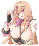  1girl adjusting_eyewear black_survival blonde_hair blush breasts bursting_breasts checkered_clothes cleavage eva_(black_survival) eyewear_on_head head_tilt highres holding holding_eyewear hop3 huge_breasts jacket long_hair looking_at_viewer open_clothes open_jacket open_mouth purple_eyes race_queen simple_background smile sunglasses tinted_eyewear upper_body white_background 