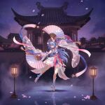  1girl ahoge architecture arm_up bili_girl_22 bili_girl_33 bilibili blue_dress blue_hair boots carminar chinese_clothes detached_sleeves dress east_asian_architecture folding_fan hand_fan highres lantern long_hair looking_at_viewer night night_sky outdoors sky solo standing standing_on_one_leg star_(sky) starry_sky very_long_hair white_footwear wide_sleeves yellow_eyes 
