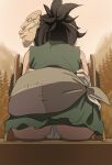  1boy 1girl ass bandages black_hair dororo_(character) dororo_(tezuka) from_behind full_body fundoshi haruyama_kazunori japanese_clothes mask ponytail short_hair sitting tree 