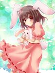  1girl animal_ears bangs blush brown_hair closed_mouth commentary_request dress feet_out_of_frame floppy_ears frilled_dress frilled_sleeves frills hair_between_eyes holding_bunny inaba_tewi looking_at_viewer medium_hair momozakura_nanao pink_dress rabbit rabbit_ears rabbit_girl rabbit_tail red_eyes ribbon-trimmed_dress smile solo split_mouth tail touhou 