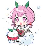  +_+ 1girl badge bangs blunt_bangs blush bow bowtie button_badge diagonal-striped_bowtie gloves hair_tie high_collar long_sleeves ootori_emu open_mouth pink_hair pjmiyo project_sekai red_gloves short_hair snow snow_bunny solo striped striped_bow striped_bowtie twintails white_background winter_clothes 