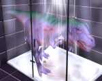  bathing bathroom beast_mode blood bodily_fluids dinosaur dripping_wet feral hasbro hi_res looking_at_viewer male megatron_(beast_wars) morrrisey(artist) mud reptile scalie shower showering soap solo takara_tomy theropod transformers transformers:_beast_wars tyrannosaurid tyrannosaurus tyrannosaurus_rex 