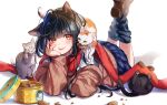  1girl :p animal_ears animal_hands black_cat black_hair blue_skirt blush box brown_footwear calico cat cat_ears cat_girl cat_tail closed_mouth feet_up full_body grey_cat hand_on_own_cheek hand_on_own_face leg_warmers long_hair long_sleeves looking_at_viewer lying mole mole_under_eye on_stomach original piroshiki123 plaid plaid_skirt red_eyes red_scarf scarf shirt shoes signature skirt smile solo tail tongue tongue_out whiskers white_shirt 