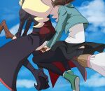  2girls agnes_(gegege_no_kitarou_6) ass black_pantyhose black_skirt blonde_hair broom broom_riding brown_hair cloud gegege_no_kitarou haruyama_kazunori head_out_of_frame inuyama_mana legs long_hair long_sleeves multiple_girls panties panties_under_pantyhose pantyhose pantyshot shoes short_hair side_ponytail sitting skirt underwear white_panties 