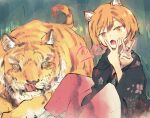  1girl 2022 animal animal_ears black_hair black_kimono blush chinese_zodiac double_v fangs floral_print japanese_clothes kimono long_sleeves looking_at_viewer multicolored_hair open_mouth orange_eyes orange_hair original short_hair tiger tiger_girl tongue v whiskers wide_sleeves yasushi year_of_the_tiger 