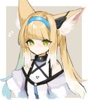  1girl ^^^ alternate_hairstyle andou_yuna animal_ear_fluff animal_ears arknights bare_shoulders blonde_hair blue_hairband blush border brown_background closed_mouth cropped_torso fox_ears green_eyes hairband highres long_hair looking_at_viewer multicolored_hair outside_border simple_background smile solo suzuran_(arknights) twintails twitter_username two-tone_hair upper_body white_border white_hair 