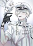  1boy :d aiguillette animal bird bird_on_hand black_gloves bracelet cape clothed_animal cropped_jacket dress_shirt earrings gem_(symbol) gloves gradient_background grey_eyes hair_over_one_eye half_gloves hands_up hat highres holostars jacket jewelry jyako_(utsugi_uyu) looking_at_animal male_focus momiage_40 multicolored_hair official_alternate_costume peaked_cap pigeon pink_background pink_hair purple_hair shirt short_hair short_sleeves shoulder_cape single_earring smile solo streaked_hair teeth upper_body upper_teeth_only utsugi_uyu virtual_youtuber white_background white_cape white_hair white_headwear white_jacket white_shirt 