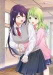  2girls :d ^_^ bandaged_hand bandages bangs black_pantyhose black_skirt blue_skirt breasts closed_eyes collared_shirt genderswap genderswap_(mtf) green_eyes green_hair hair_between_eyes highres hug hug_from_behind indoors kenmochi_touya long_hair long_sleeves morinaka_kazaki multiple_girls necktie nijisanji pantyhose pink_sweater plaid_necktie pleated_skirt puffy_long_sleeves puffy_sleeves purple_hair red_necktie sailor_collar school_uniform serafuku shirt skirt small_breasts smile sweater sweater_vest tsumetsume_zerii v-shaped_eyebrows very_long_hair virtual_youtuber white_sailor_collar white_shirt 