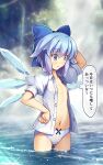  1girl blue_bow blue_eyes blue_hair blush bow buttons chima_q cirno collarbone collared_shirt fairy fairy_wings hair_between_eyes hair_bow highres navel open_clothes open_shirt panties parted_lips puffy_short_sleeves puffy_sleeves shirt short_hair short_sleeves solo thought_bubble touhou translation_request underwear water white_panties white_shirt wings 