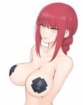 1girl bangs blush braid braided_ponytail breasts chainsaw_man closed_mouth large_breasts long_hair looking_at_viewer makima_(chainsaw_man) pasties red_hair ringed_eyes simple_background solo wata_do_chinkuru white_background yellow_eyes 