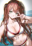  1girl bangs bare_arms bare_shoulders bikini blush breasts brown_hair cleavage closed_mouth collarbone commentary_request green_eyes highres large_breasts long_hair looking_at_viewer navel original ran&#039;ou_(tamago_no_kimi) side-tie_bikini_bottom smile solo stomach swimsuit v white_bikini 