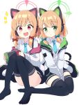  2girls animal_ear_headphones animal_ears black_thighhighs blonde_hair blue_archive bow cat_ear_headphones commentary_request fake_animal_ears green_eyes hair_bow halo handheld_game_console headphones highres holding holding_handheld_game_console jacket long_sleeves looking_at_viewer massala midori_(blue_archive) momoi_(blue_archive) multiple_girls nintendo_switch open_mouth red_bow red_eyes short_hair siblings simple_background sisters sitting thighhighs twins white_background white_jacket 