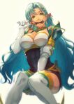  1girl abs aduti_momoyama aqua_hair armor bangs bare_shoulders braid breastplate breasts chloe_(fire_emblem) cleavage covered_navel elbow_gloves fire_emblem fire_emblem_engage food garter_straps gloves green_eyes highres large_breasts long_hair looking_at_viewer pegasus_knight_uniform_(fire_emblem) side_braid simple_background single_braid solo very_long_hair white_gloves 