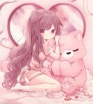  1girl animal_ears brown_hair candy child coco_(hinatacoco) dog_ears dog_girl dress floppy_ears flower food heart highres long_hair looking_at_viewer original pink_dress red_eyes sitting solo stuffed_animal stuffed_cat stuffed_toy very_long_hair wavy_hair white_flower 
