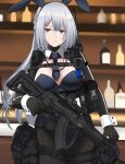  1girl absurdres ak-15 ak-15_(girls&#039;_frontline) ammunition_pouch animal_ears bar_(place) black_pantyhose blue_necktie braid breasts closed_mouth cuff_links defy_(girls&#039;_frontline) detached_collar english_commentary fake_animal_ears girls&#039;_frontline gloves grey_hair gun highres holding holding_weapon kalashnikov_rifle large_breasts long_hair long_sleeves msa_major necktie nontraditional_playboy_bunny optical_sight pantyhose pouch purple_eyes rabbit_ears radio_antenna solo standing tactical_playboy_bunny tape trigger_discipline weapon 