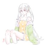  1girl absurdres bangs bare_shoulders highres long_hair monogatari_(series) oikura_sodachi owarimonogatari pajamas seila_rei simple_background sitting twintails white_hair yellow_pajamas 