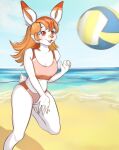  5_fingers action_pose anthro ball band-aid band-aid_on_face band-aid_on_nose bandage bangs beach bikini biped breasts cheek_tuft cleavage clothed clothing cloud digital_media_(artwork) eyelashes facial_tuft female fingers fur generation_8_pokemon hair hi_res long_hair nintendo on_one_leg orange_body orange_fur orange_hair outside pokemon pokemon_(species) pose sand scorbunny sea seaside shaded sky solo sport standing swimwear tuft v3nusbby volleyball volleyball_(ball) water white_body white_fur 