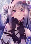  1girl amane_kanata black_bra black_collar black_gloves blood blood_from_eyes bra breasts bright_pupils collar dated fallen_angel gloves grey_hair hair_bun hair_ornament hands_up hikawa_shou hololive looking_at_viewer purple_eyes shoulder_tattoo small_breasts solo tattoo underwear virtual_youtuber white_pupils wings 