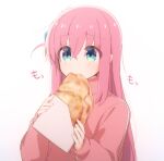  1girl atu blue_eyes bocchi_the_rock! eating food gotou_hitori hair_between_eyes hair_ornament hands_up holding holding_food long_hair long_sleeves pink_hair pink_sweater simple_background solo sweater upper_body white_background 