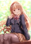  1girl :d bangs black_jacket blazer blurry blurry_background blush bow breasts brown_eyes brown_hair brown_pantyhose brown_skirt commentary_request depth_of_field feet_out_of_frame hand_up highres jacket long_hair long_sleeves looking_at_viewer otonari_no_tenshi-sama_ni_itsu_no_mani_ka_dame_ningen_ni_sarete_ita_ken pantyhose plaid plaid_skirt pleated_skirt red_bow school_uniform shiina_mahiru_(otonari_no_tenshi-sama) skirt small_breasts smile solo teeth upper_teeth_only very_long_hair zenon_(for_achieve) 