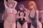  3girls absurdres arms_up ass_visible_through_thighs bangs bare_shoulders bikini black_bikini black_one-piece_swimsuit blue_one-piece_swimsuit blush breasts brown_eyes cleavage closed_mouth collarbone covered_navel cowboy_shot crossed_bangs eyes_visible_through_hair grey_eyes grey_hair highres large_breasts long_hair looking_at_viewer multiple_girls navel one-piece_swimsuit orange_hair original panties parted_lips po_ppe purple_eyes purple_hair shirt short_hair short_sleeves sideboob smile stomach swimsuit underboob underwear white_panties white_shirt 