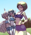  3girls armpits bangs bare_shoulders beak bike_shorts bird_girl blue_eyes blue_hair blue_skin blue_sky blush body_fur breast_envy breasts breath cleavage closed_mouth collarbone colored_skin commentary cowboy_shot day dutch_angle english_commentary feathered_wings fence flat_chest furry furry_female grass green_hair half-closed_eyes hand_on_hip hand_up highres hitmanatee hot lamia legs_together light_blush looking_down medium_breasts midriff miniskirt monster_girl multicolored_hair multiple_girls navel nose_blush open_mouth original outdoors parted_bangs pencil_skirt pointy_ears purple_skirt raised_eyebrows short_hair sketch skirt sky spiked_hair sports_bra standing stomach streaked_hair sweat tears teeth thighs tree two-tone_hair white_fur white_hair white_wings wide-eyed winged_arms wings yellow_eyes 