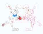 anthro beady_eyes black_eyes blue_bow bow_tie cheek_tuft facial_tuft five_nights_at_freddy&#039;s five_nights_at_freddy&#039;s:_security_breach fur fusion grey_background grey_body grey_fur hi_res holding_object lagomorph leporid male mammal max_(sam_and_max) one_ear_up one_eye_closed pawpads pessimivitulina rabbit sam_and_max scottgames sharp_teeth simple_background smile solo teeth tuft vanny_(fnaf) white_body white_fur wink 
